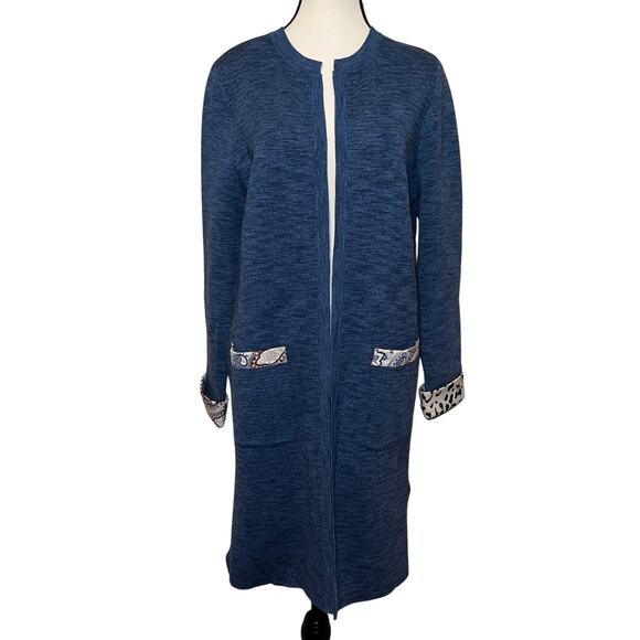 Chico's Heathered Blue Long Cardigan Leopard & Paisley Trim Chico's Size 1 (M/8) - Picture 3 of 14